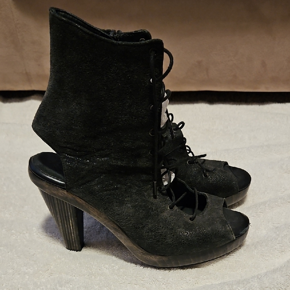 Colleen Cordora Black Lace-Up Peep-Toe Heeled Booties